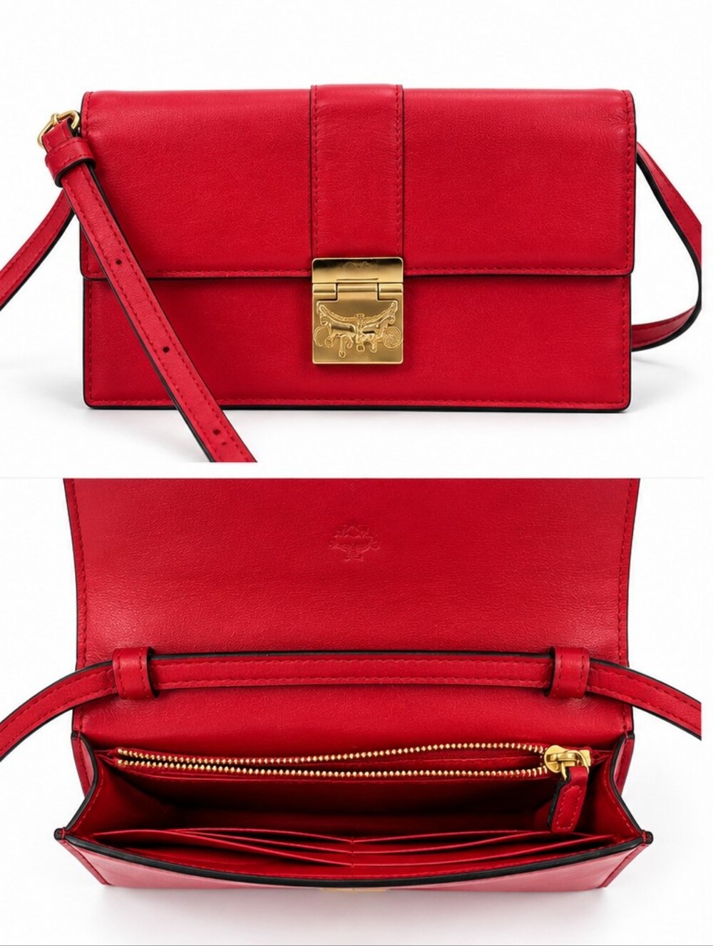 MCM Red Leather Crossbody with Gold-Tone Lock